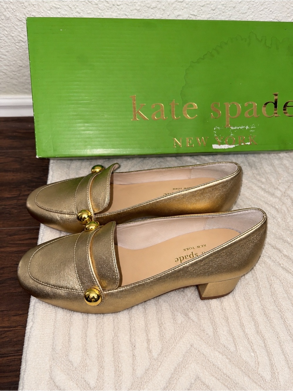 Kate Spade Metallic Gold Leather Block Heel Loafers